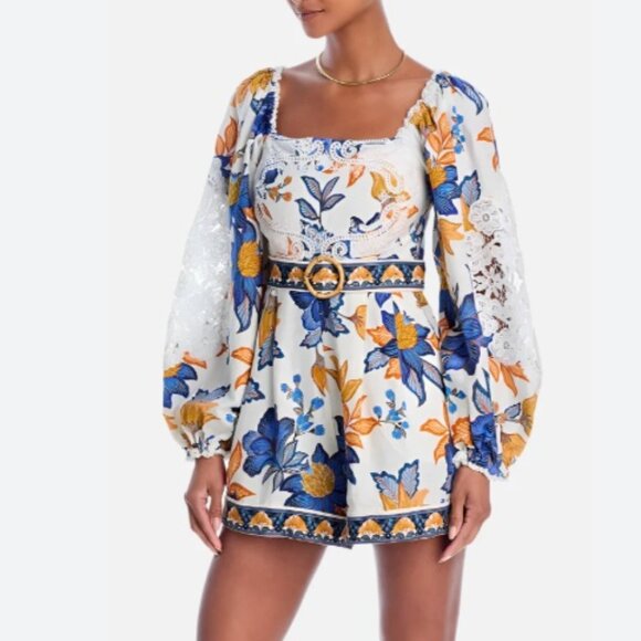 FARM Rio Pants - Farm Rio Yellow/Blue/White Lace Floral Romper size small NWT